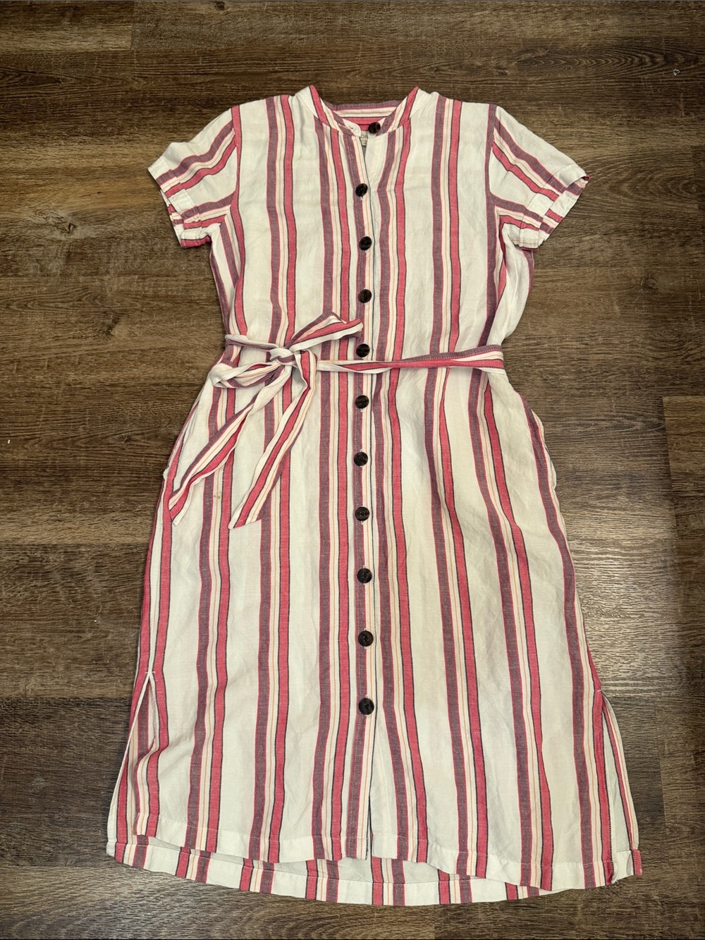 LOFT Pink and White Striped Midi Button-Front Dress